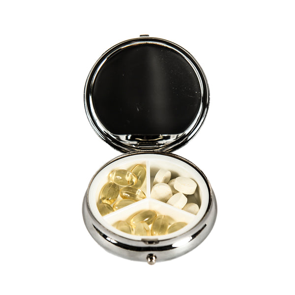 NL Signature Round Pill Case, Large Compact Pill Box - Silver
