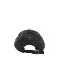 OUR BIJOUX CAP IN BLACK WITH AN ADJUSTABLE METAL CLASP BACK CLOSURE.