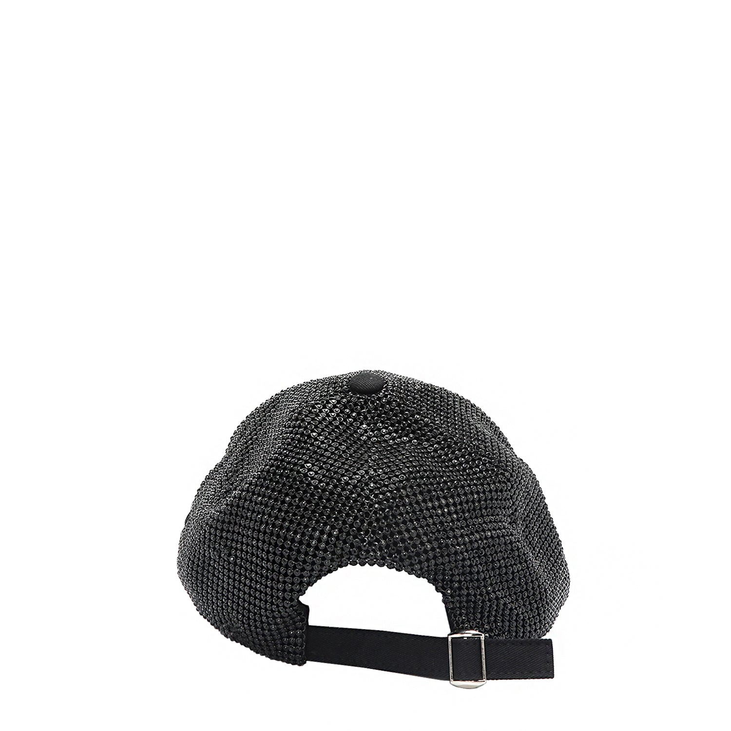 OUR BIJOUX CAP IN BLACK WITH AN ADJUSTABLE METAL CLASP BACK CLOSURE.
