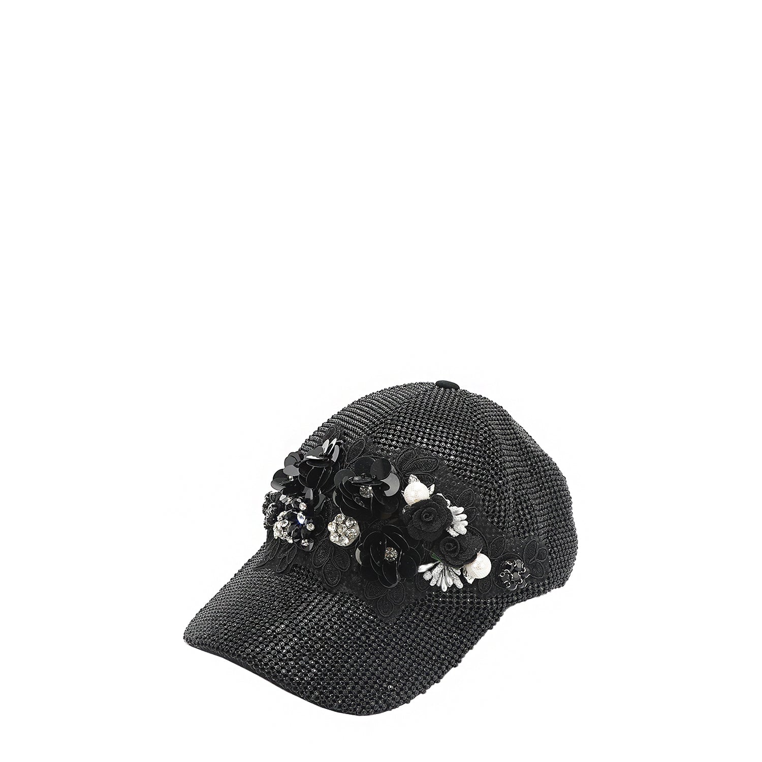 OUR BIJOUX CAP IN BLACK WITH 4D BLACK FLOWERS EMBELLISHED DIAMOND MESH WITH BLACK RHINESTONE AND A FEW PEARLS.