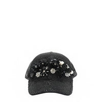 OUR BIJOUX CAP IN BLACK WITH 4D BLACK FLOWERS EMBELLISHED DIAMOND MESH WITH SILVER RHINESTONE AND A FEW PEARLS.