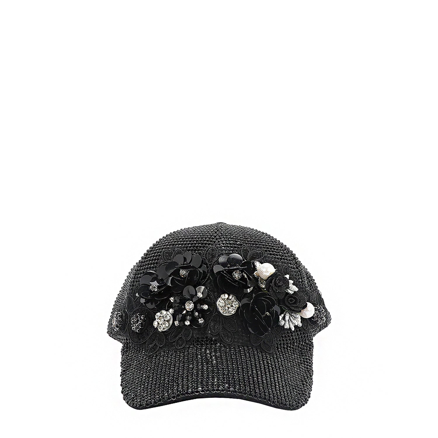 OUR BIJOUX CAP IN BLACK WITH 4D BLACK FLOWERS EMBELLISHED DIAMOND MESH WITH SILVER RHINESTONE AND A FEW PEARLS.