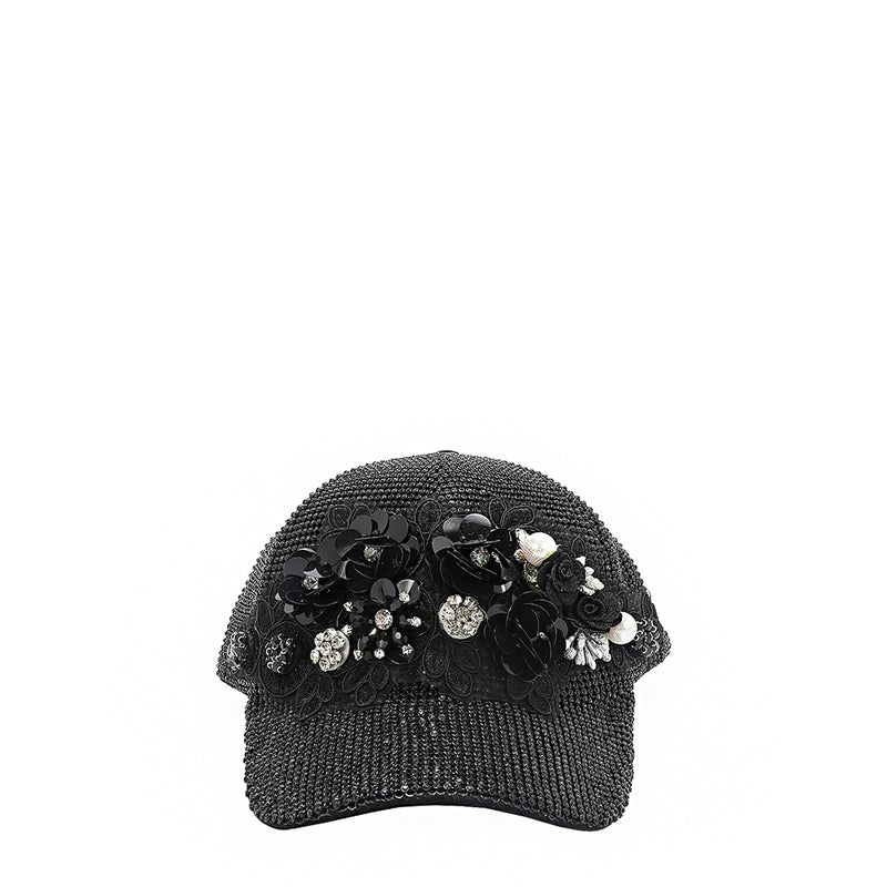 OUR BIJOUX CAP IN BLACK WITH 4D BLACK FLOWERS EMBELLISHED DIAMOND MESH WITH SILVER RHINESTONE AND A FEW PEARLS.