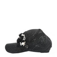 OUR BIJOUX CAP IN BLACK WITH 4D BLACK FLOWERS EMBELLISHED DIAMOND MESH WITH BLACK RHINESTONE AND A FEW PEARLS.