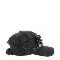 OUR BIJOUX CAP IN BLACK WITH 4D BLACK FLOWERS EMBELLISHED DIAMOND MESH WITH BLACK RHINESTONE.