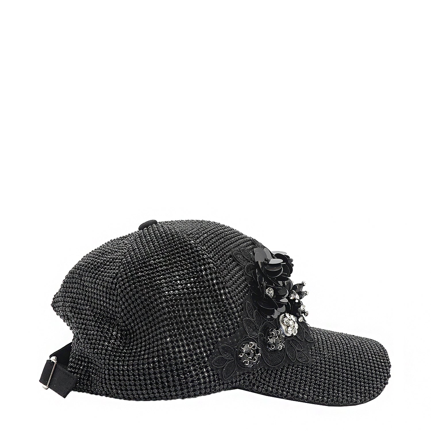 OUR BIJOUX CAP IN BLACK WITH 4D BLACK FLOWERS EMBELLISHED DIAMOND MESH WITH BLACK RHINESTONE.