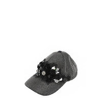 OUR BIJOUX CAP IN SILVER WITH 4D BLACK FLOWERS EMBELLISHED DIAMOND MESH WITH SILVER RHINESTONE AND A FEW PEARLS.