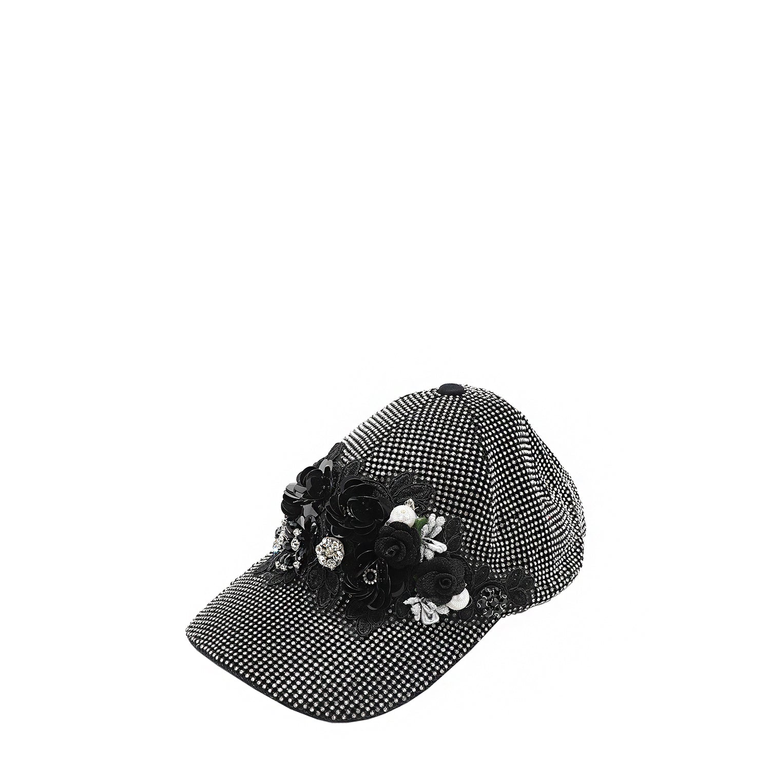 OUR BIJOUX CAP IN SILVER WITH 4D BLACK FLOWERS EMBELLISHED DIAMOND MESH WITH SILVER RHINESTONE AND A FEW PEARLS.