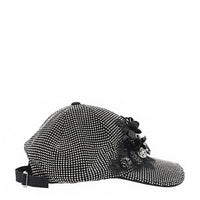 OUR BIJOUX CAP IN SILVER WITH 4D BLACK FLOWERS EMBELLISHED DIAMOND MESH WITH SILVER RHINESTONE.