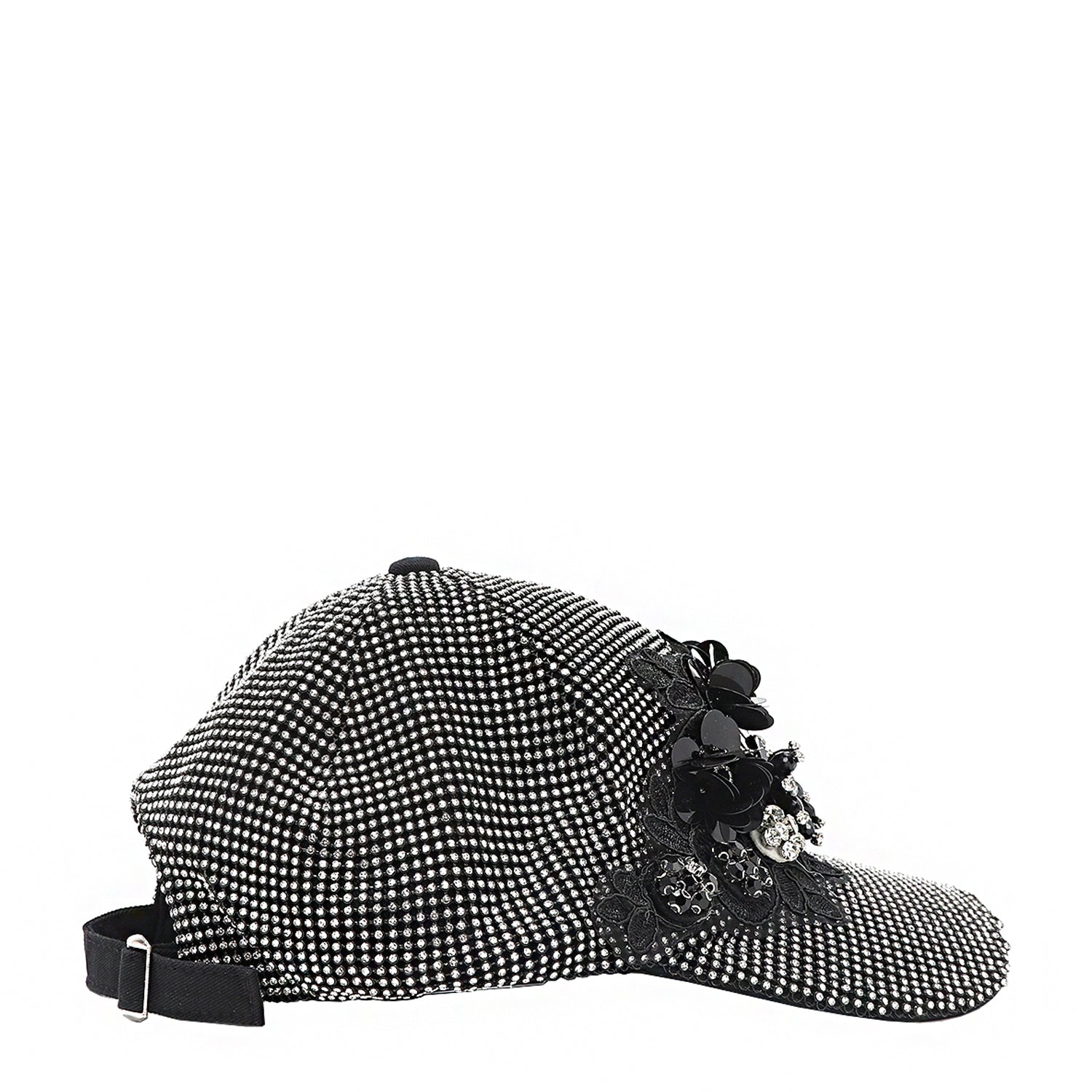 OUR BIJOUX CAP IN SILVER WITH 4D BLACK FLOWERS EMBELLISHED DIAMOND MESH WITH SILVER RHINESTONE.