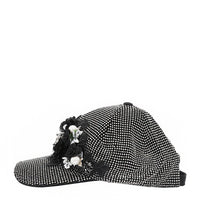 OUR BIJOUX CAP IN SILVER WITH 4D BLACK FLOWERS EMBELLISHED DIAMOND MESH WITH SILVER RHINESTONE AND A FEW PEARLS.