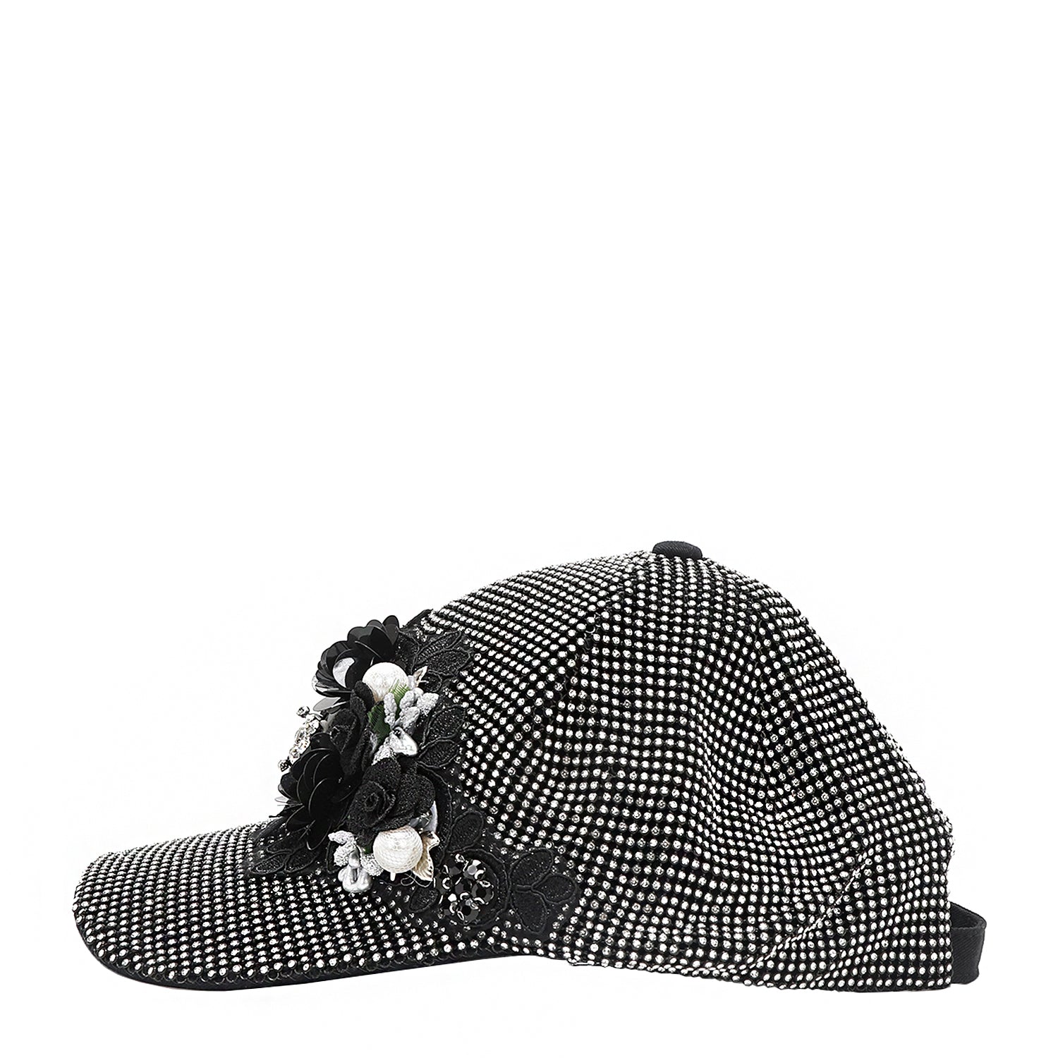 OUR BIJOUX CAP IN SILVER WITH 4D BLACK FLOWERS EMBELLISHED DIAMOND MESH WITH SILVER RHINESTONE AND A FEW PEARLS.