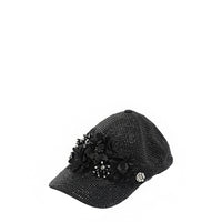 OUR MIDNIGHT FLOWER CAP IN BLACK WITH 4D BLACK FLOWERS EMBELLISHED DIAMOND MESH WITH BLACK RHINESTONE.