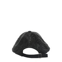 OUR MIDNIGHT FLOWER CAP IN BLACK WITH AN ADJUSTABLE METAL CLASP BACK CLOSURE.
