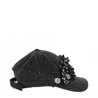 OUR MIDNIGHT FLOWER CAP IN BLACK WITH 4D BLACK FLOWERS EMBELLISHED DIAMOND MESH WITH BLACK RHINESTONE.