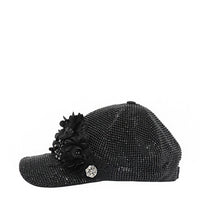 OUR MIDNIGHT FLOWER CAP IN BLACK WITH 4D BLACK FLOWERS EMBELLISHED DIAMOND MESH WITH BLACK RHINESTONE.