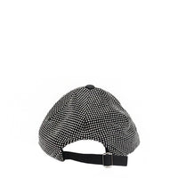 OUR MIDNIGHT FLOWER CAP IN SILVER WITH AN ADJUSTABLE METAL CLASP BACK CLOSURE.
