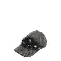 OUR MIDNIGHT FLOWER CAP IN SILVER  WITH 4D BLACK FLOWERS EMBELLISHED DIAMOND MESH WITH SILVER RHINESTONE.