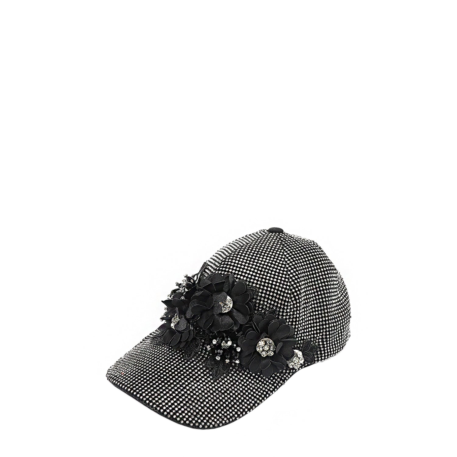 OUR MIDNIGHT FLOWER CAP IN SILVER  WITH 4D BLACK FLOWERS EMBELLISHED DIAMOND MESH WITH SILVER RHINESTONE.