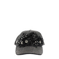OUR MIDNIGHT FLOWER CAP IN SILVER  WITH 4D BLACK FLOWERS EMBELLISHED DIAMOND MESH WITH SILVER RHINESTONE.