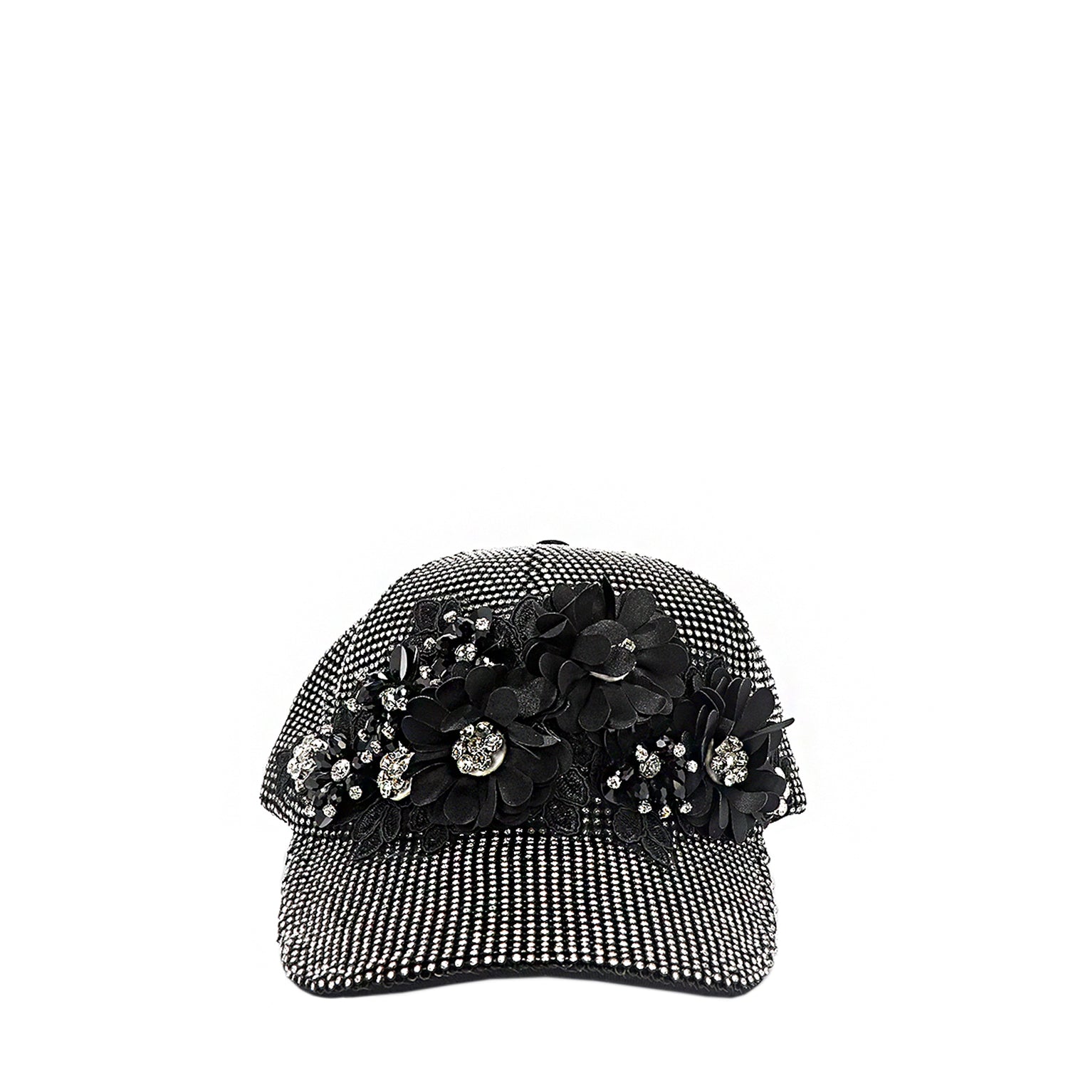 OUR MIDNIGHT FLOWER CAP IN SILVER  WITH 4D BLACK FLOWERS EMBELLISHED DIAMOND MESH WITH SILVER RHINESTONE.