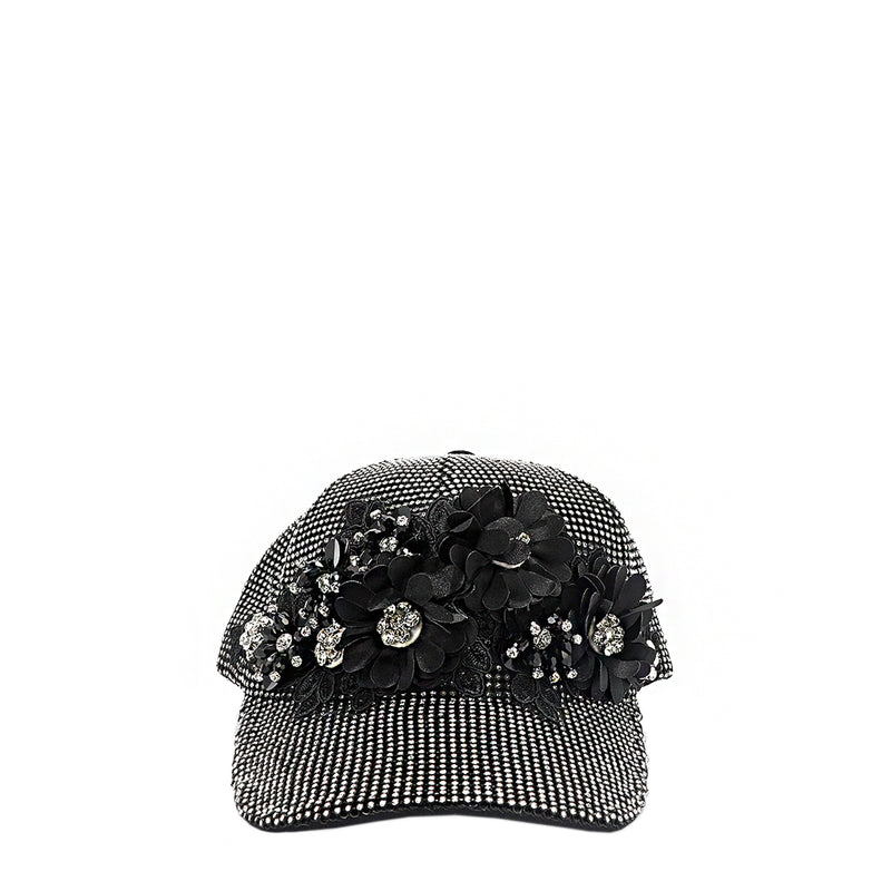 OUR MIDNIGHT FLOWER CAP IN SILVER  WITH 4D BLACK FLOWERS EMBELLISHED DIAMOND MESH WITH SILVER RHINESTONE.