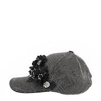 OUR MIDNIGHT FLOWER CAP IN SILVER  WITH 4D BLACK FLOWERS EMBELLISHED DIAMOND MESH WITH SILVER RHINESTONE.