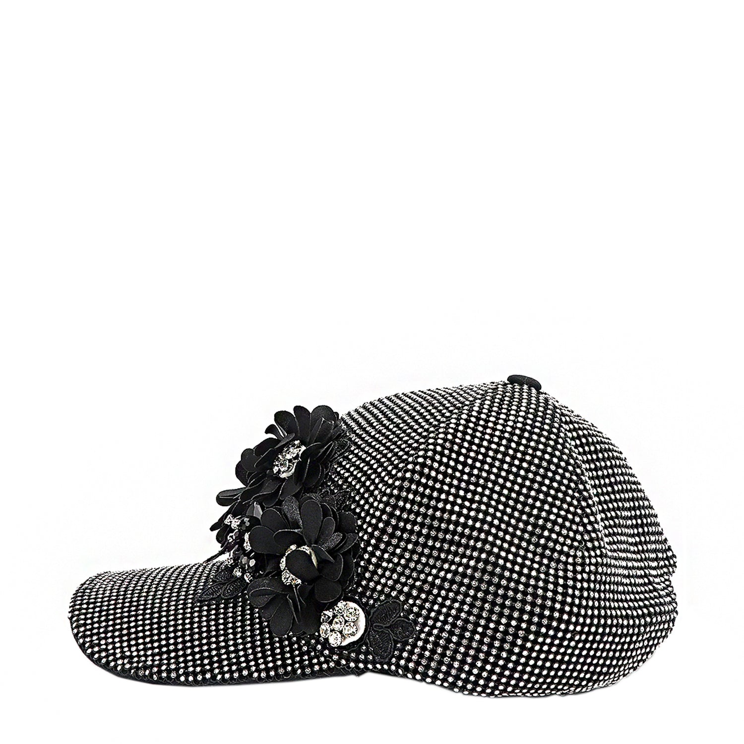 OUR MIDNIGHT FLOWER CAP IN SILVER  WITH 4D BLACK FLOWERS EMBELLISHED DIAMOND MESH WITH SILVER RHINESTONE.