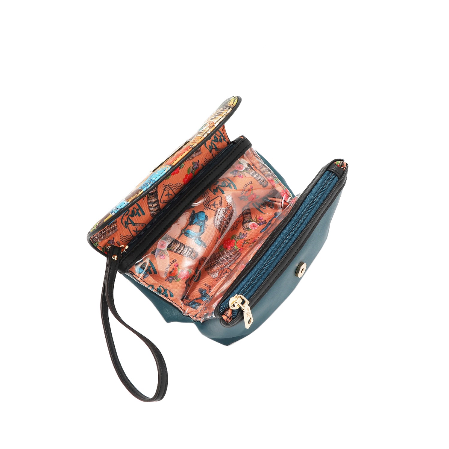 OUR JENI MAKEUP BAG IN MARTHA TRAVELS ITALY DESIGN SHOWING THE COMPARTMENTS AND MAGNETIC SNAP BUTTON CLOSURE.
