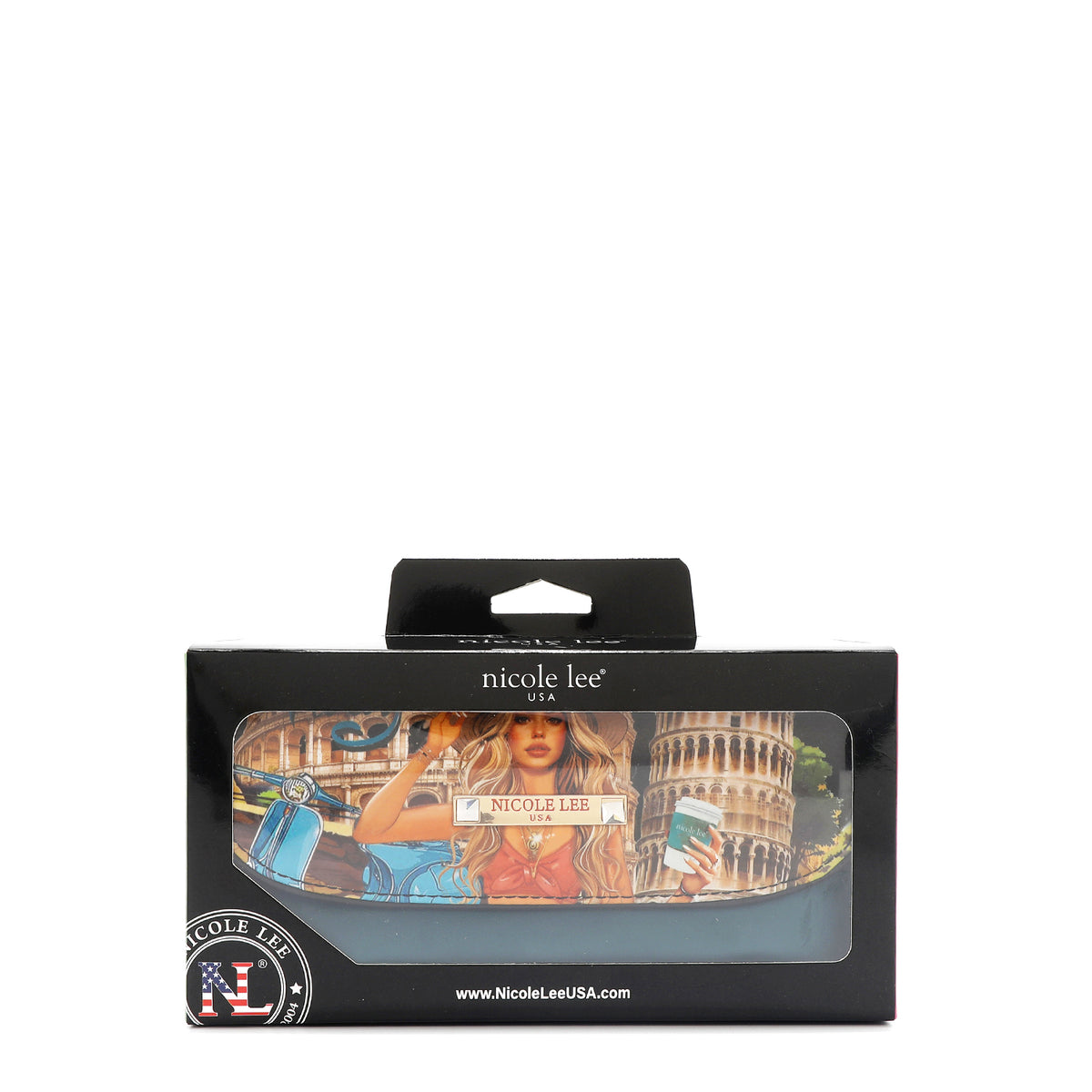 OUR JENI MAKEUP BAG IN OUR NICOLE LEE MARTHA TRAVELS ITALY DESIGN INSIDE IN A NICOLE LEE BLACK BOX.