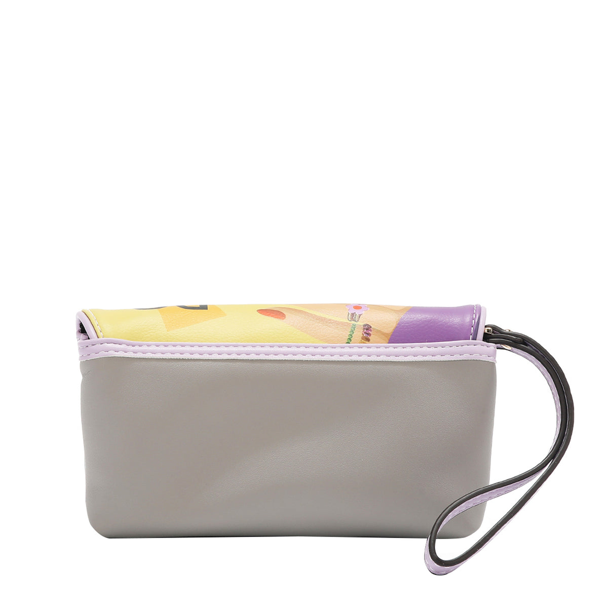 THE BACK OF OUR JENI MAKEUP BAG IN COLOR GRAY AND ZIPPER PULLER WRISTLET STRAP.