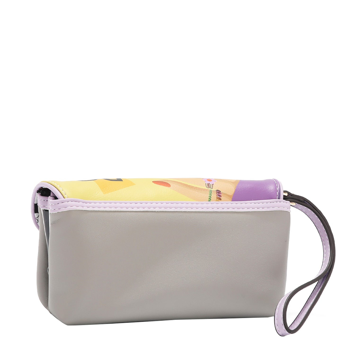 THE BACK OF OUR JENI MAKEUP BAG IN COLOR GRAY AND ZIPPER PULLER WRISTLET STRAP.