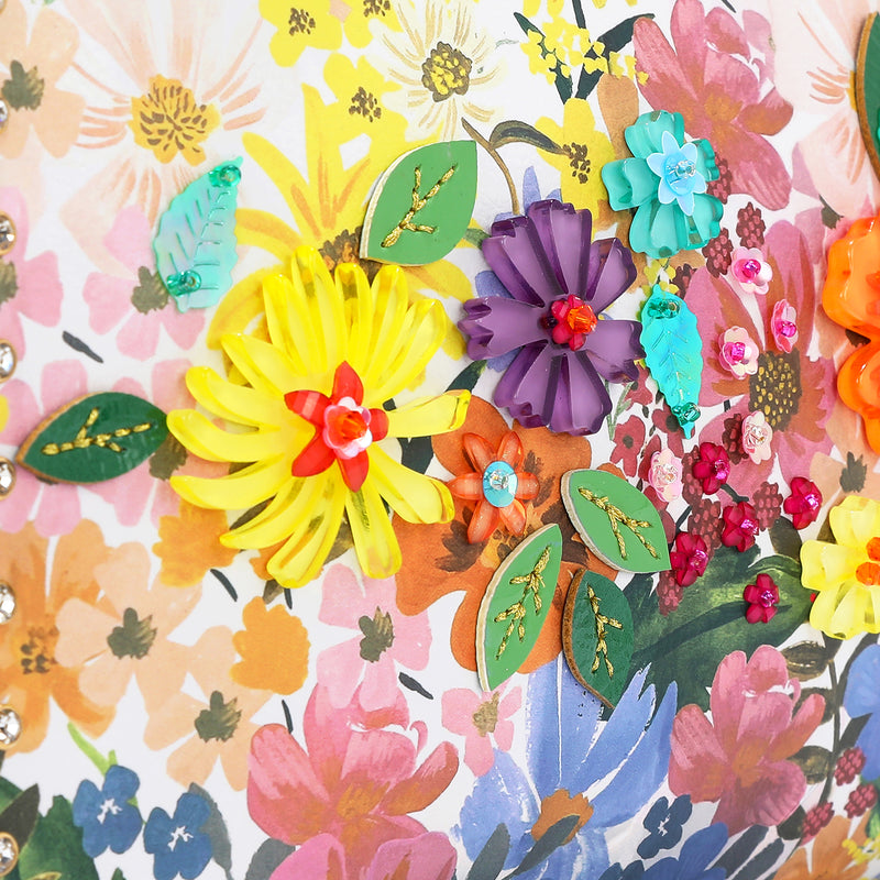 CLOSER LOOK TO THE FRONT OF DREAMS BLOSSOM SHOULDER BAG EMBELLISHED WITH RESIN FLOWERS , SEQUINS, BEADS AND APPLIQUES