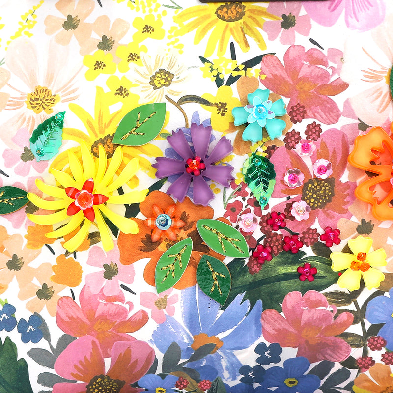 CLOSER LOOK TO THE FRONT OF DREAMS BLOSSOM SHOULDER BAG EMBELLISHED WITH RESIN FLOWERS , SEQUINS, BEADS AND APPLIQUES