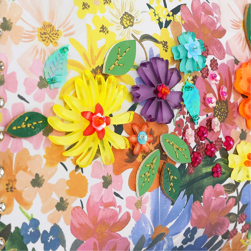 CLOSER LOOK TO THE FRONT OF DREAMS BLOSSOM SHOULDER BAG EMBELLISHED WITH RESIN FLOWERS , SEQUINS, BEADS AND APPLIQUES
