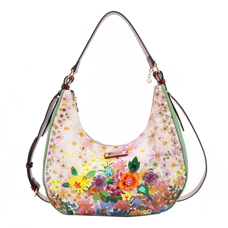 OUR NICOLE LEE HOBO HANDBAG  IN DREAMS BLOSSOM DESIGN AND ADJUSTABLE STRAP.