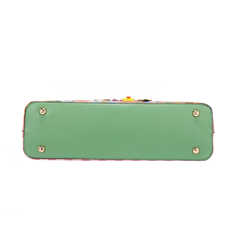 THE BOTTOM IS MADE OF VEGAN LEATHER IN A MINT GREEN COLOR.