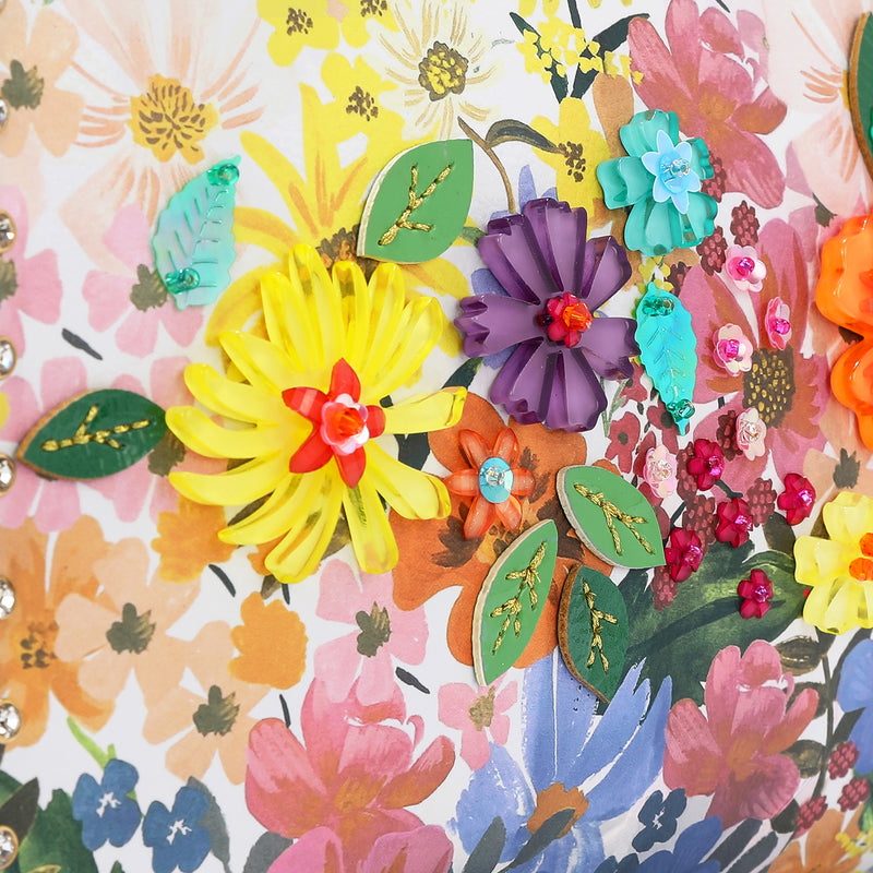 CLOSER LOOK TO THE FRONT OF DREAMS BLOSSOM SHOULDER BAG EMBELLISHED WITH RESIN FLOWERS , SEQUINS, BEADS AND APPLIQUES