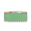 THE BOTTOM IS MADE OF VEGAN LEATHER IN A MINT GREEN COLOR.
