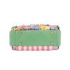 THE BOTTOM IS MADE OF VEGAN LEATHER IN A MINT GREEN COLOR.