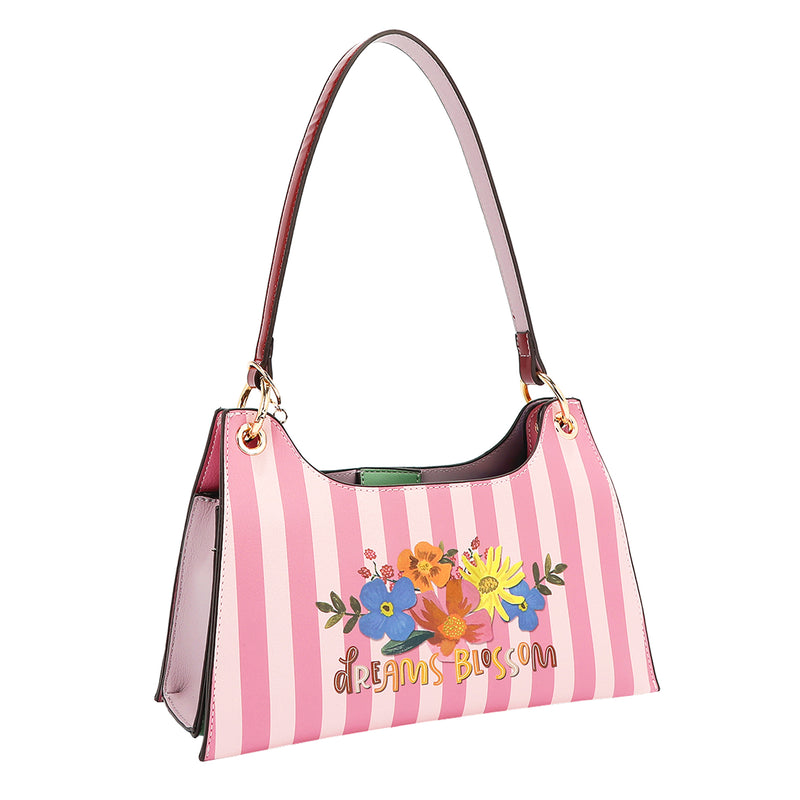 THE BACK OF OUR NICOLE LEE SHOULDER BAG  IN DREAMS BLOSSOM DESIGN.