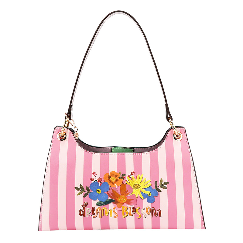 THE BACK OF OUR NICOLE LEE SHOULDER BAG  IN DREAMS BLOSSOM DESIGN.