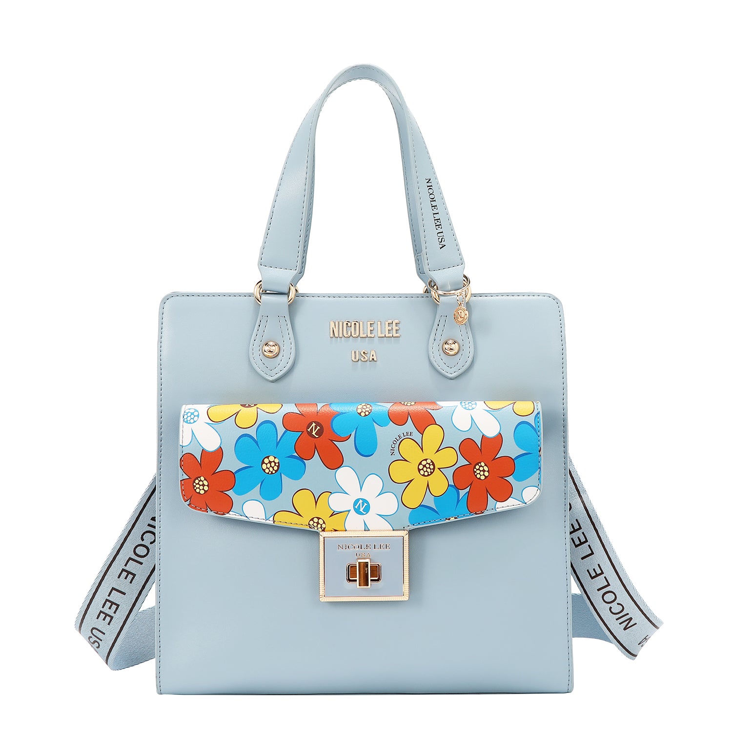 Our  Blue Floral Pop Tote Bag with strap set on a  white background 