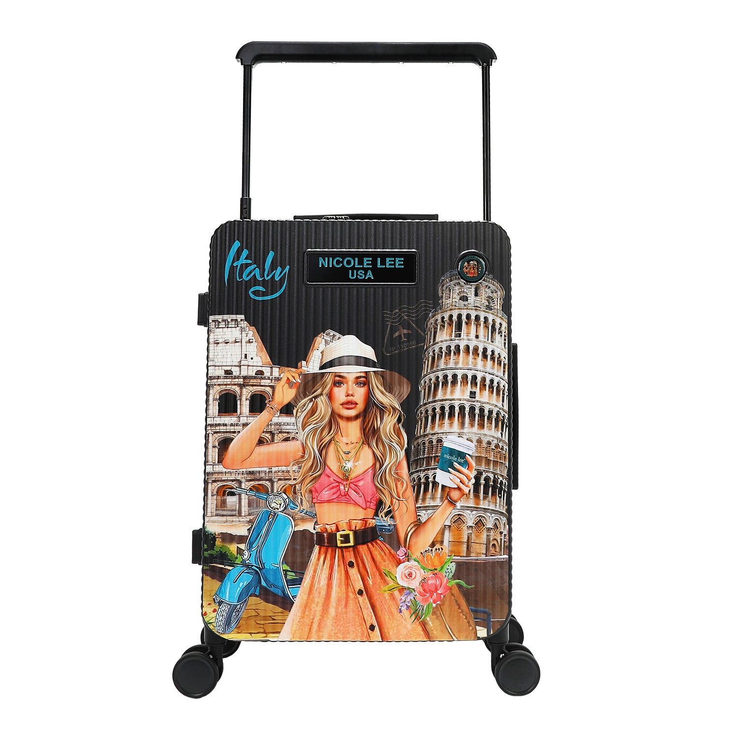 Our MARTHA TRAVELS ITALY carry-on suitcase with a colorful design of a woman in Rome, featuring the brand 'Nicole Lee USA'.
