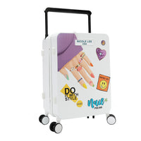 A 20 inch carry-on suitcase with a white exterior, featuring a ribbed texture and decorative stickers including a purple heart and a 'DO IT WITH STYLE' text. The suitcase has a telescopic handle, top and side carry handles in out Nail Polish design.
