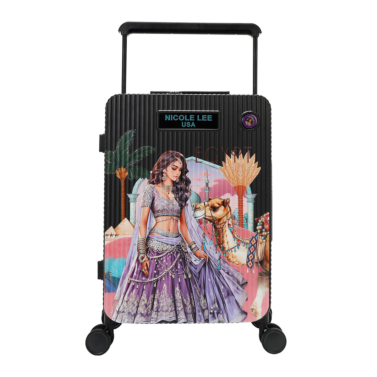 Our Queen Cleopatra carry-on suitcase with a colorful design of a woman and camel, featuring the brand 'Nicole Lee USA'.