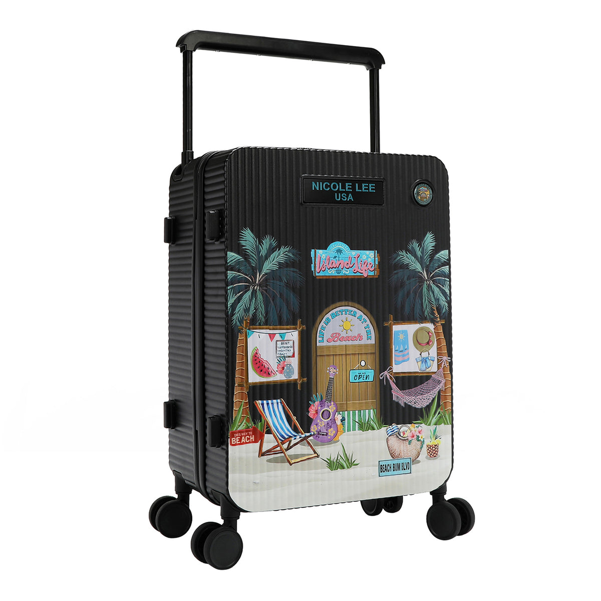 Our Nicole Lee carry on suitcase in our Sun and Sand design with  colorful beach-themed design on a white background