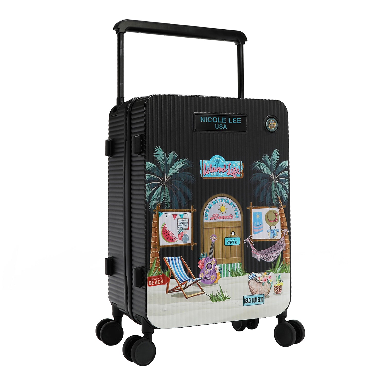 Our Nicole Lee carry on suitcase in our Sun and Sand design with  colorful beach-themed design on a white background