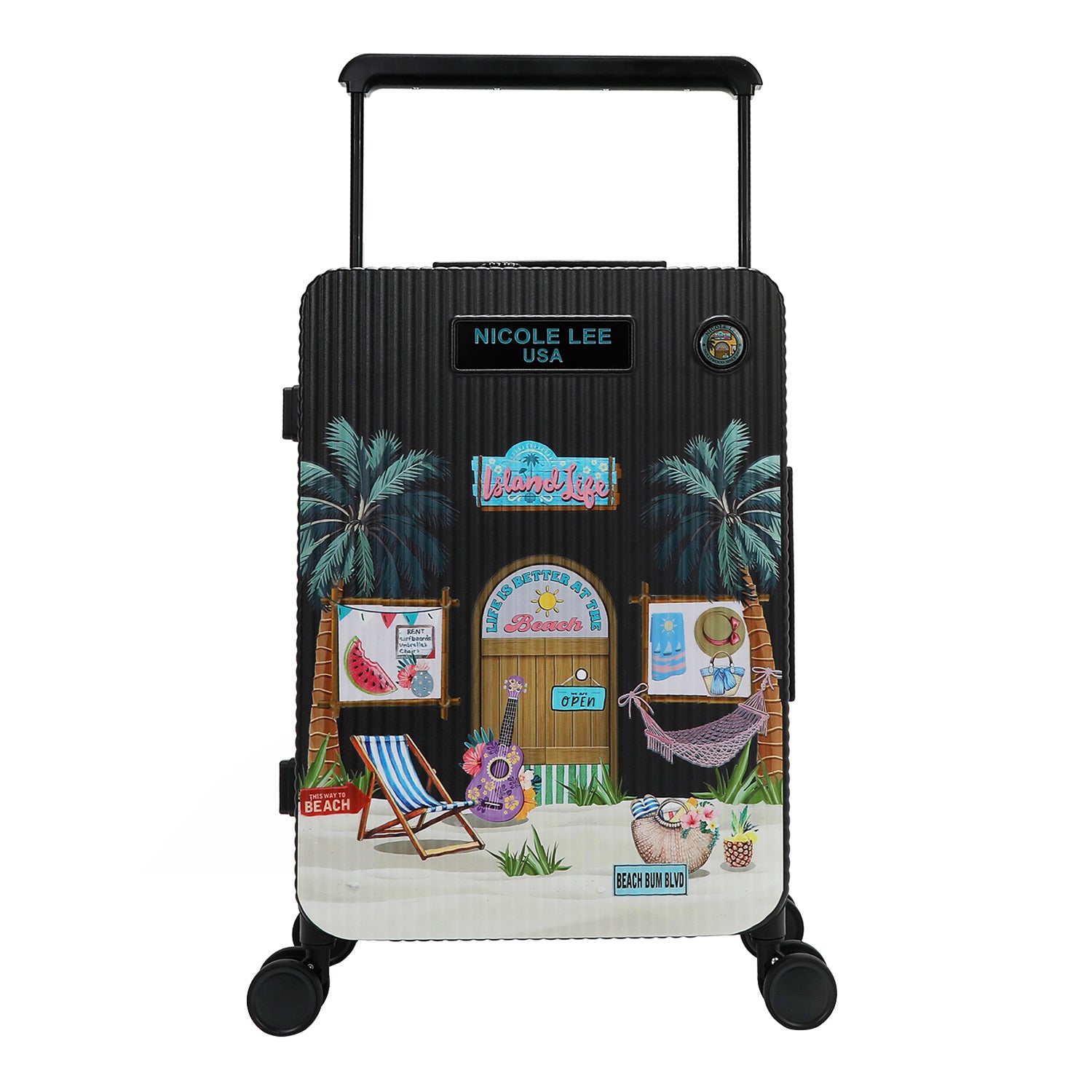Our Nicole Lee carry on suitcase in our Sun and Sand design with  colorful beach-themed design on a white background