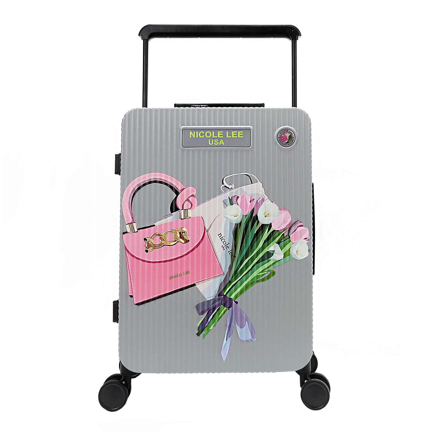 Our  carry-on suitcase in Violet Blossom design with featuring a pink handbag and a bouquet of pink and white tulips. 